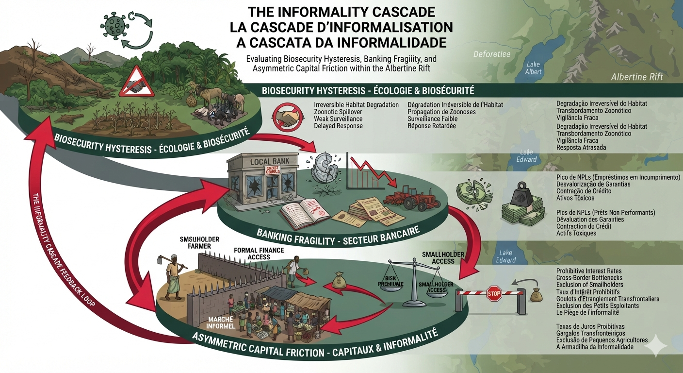 EN]THE INFORMALITY CASCADE: Evaluating Biosecurity Hysteresis, Banking Fragility, and Asymmetric Capital Friction within the Albertine Rift  [FR] LA CASCADE D’INFORMALISATION : Évaluation de l’hystérèse de la biosécurité, de la fragilité bancaire et de la friction asymétrique des capitaux dans le Rift albertin  [PT] A CASCATA DA INFORMALIDADE: Avaliando a Histerese da Biossegurança, a Fragilidade Bancária e a Fricção de Capital Assimétrica no Vale do Rift Albertino STRATEGIC
